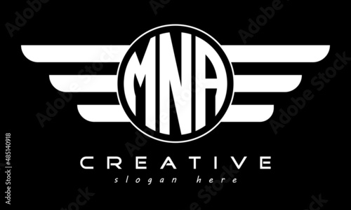 MNA three letter monogram type circle letter logo with wings vector template.