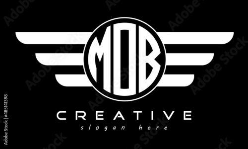 MOB three letter monogram type circle letter logo with wings vector template.