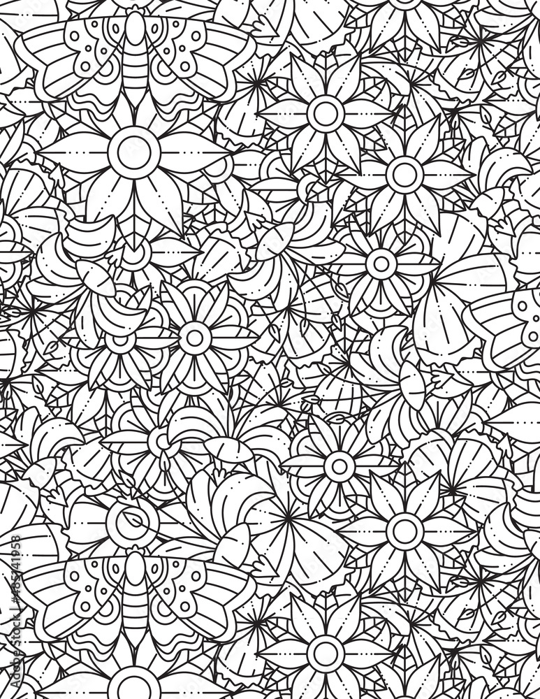 Fototapeta premium Coloring page for adults with abstract doodle background. Floral Mandala Pattern Coloring Page.