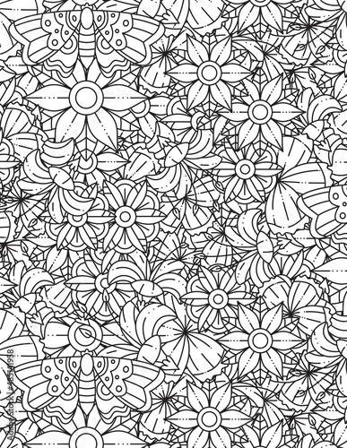Coloring page for adults with abstract doodle background. Floral Mandala Pattern Coloring Page. 