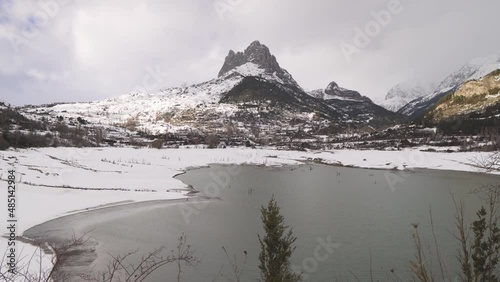 Pena foratata covered in snow at the frozen mountains of the Pyrenees (Spain), in Sagent De Gallego photo