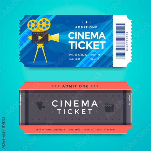 Set cinema tickets with a retro movie camera and film strip. Vector 