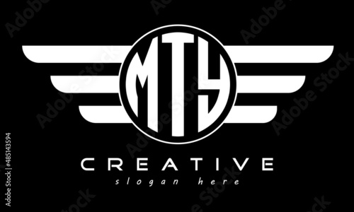 MTY three letter monogram type circle letter logo with wings vector template. photo