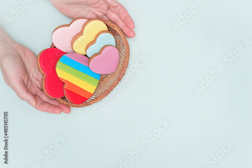 Valentine's Day, colorful gingerbread in the palms.