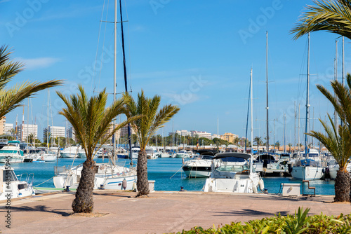 A beautiful marina with luxury yachts and motorboats in the tourist seaside town in Spain © Q77photo