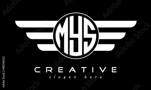 MYS three letter monogram type circle letter logo with wings vector template.