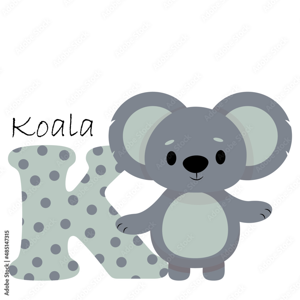 Obraz premium Illustration for the English alphabet with the image of a koala, for teaching young children with beautiful typography. ABC - letter k