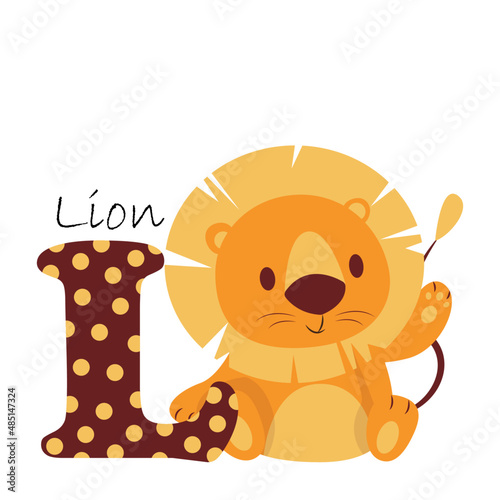Illustration for the English alphabet with the image of a lion, for teaching young children with beautiful typography. ABC - letter l