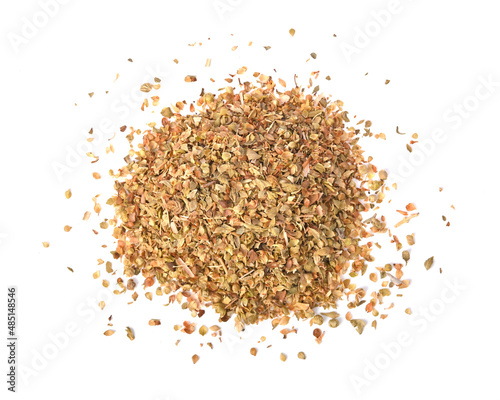 Heap of Dried oregano spice, Pile of dry oregano or marjoram leaves on white background. Top view
