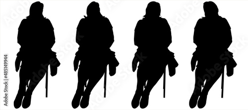 Four women are sitting next to each other. The woman is sitting and puts her hand on her knees. Female silhouette isolated on white background. Front view. The head rotates in different directions.