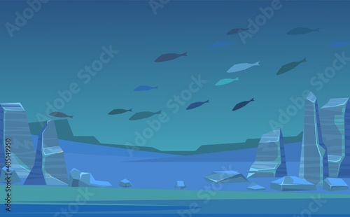 Fish school at the bottom of the ocean. Underwater wild life. Deep sea landscape. Rocky cliffs. Natural landscape. Illustration in cartoon style flat design. Vector