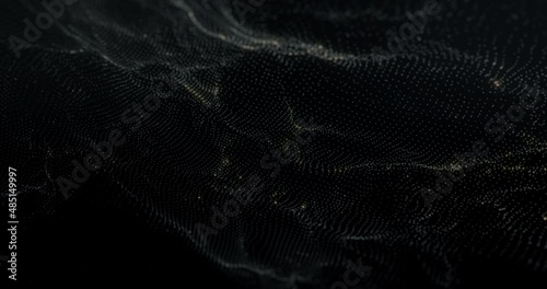 Abstract looped dot background with wavy futuristic shapes and cyan and gold color palette. 3d render