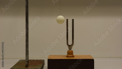A tuning fork is struck, causing a table tennis ball that is hung against it to vibrate violently
