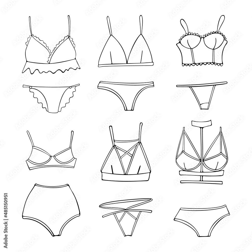 sets of women's underwear, bras and panties of various types. sexy and  casual lingerie for every day. vector illustration isolated. Stock Vector