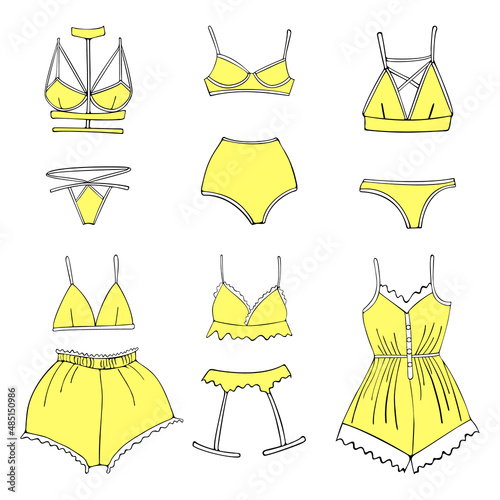 a set of different underwear for women: bras, shorts, panties, bandages, bodysuits, and more. beautiful underwear for every day. vector illustration isolated.