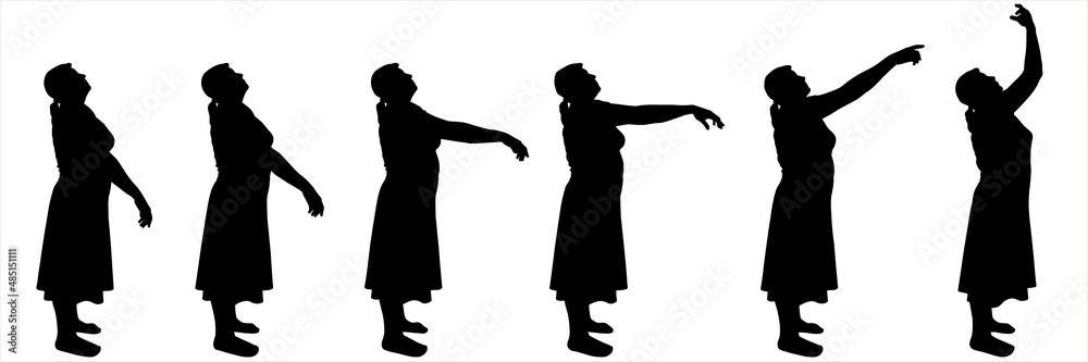 A woman in a skirt, dress stands still, moves her arms. The woman stands sideways and moves her hands from top to bottom. A set of silhouettes for animation. Female silhouettes isolated on white.