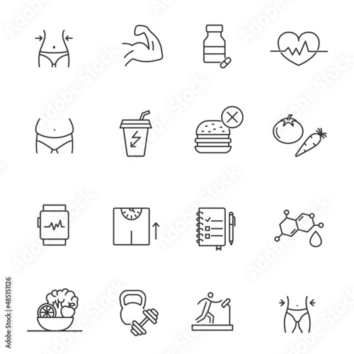 Diet nutrition health food exercise sport line icon. Gym coach muscle training diet nutrition icon set