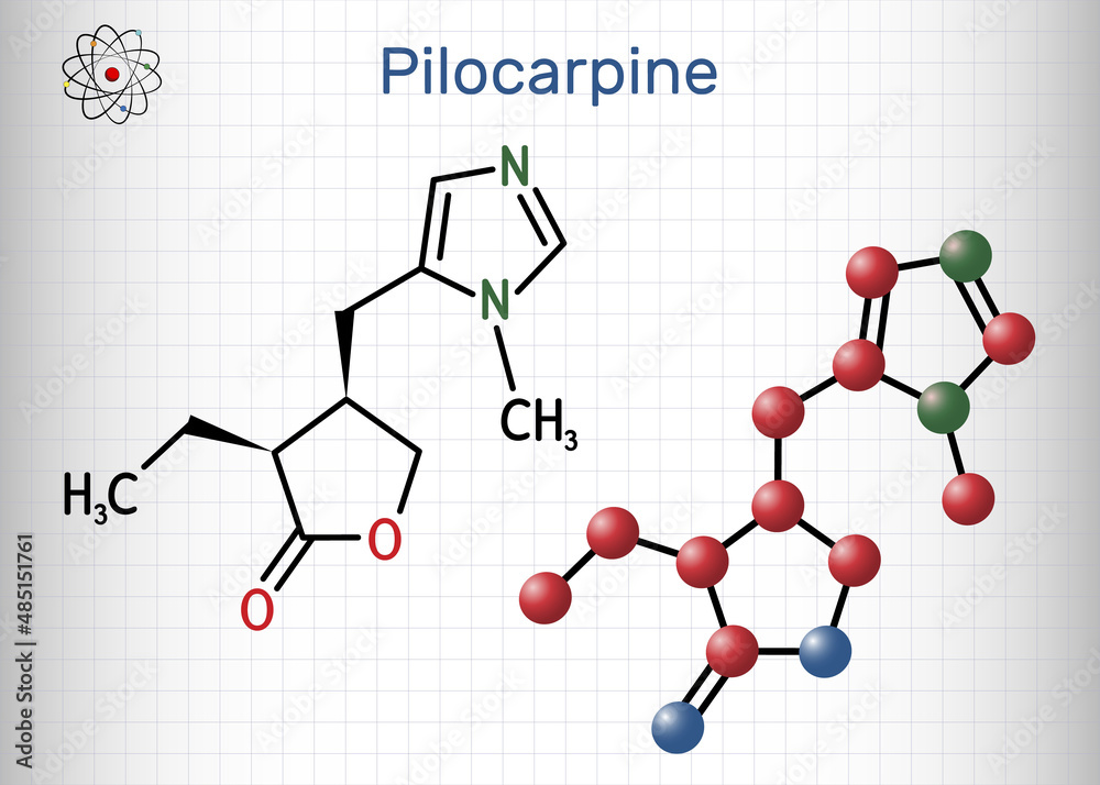 Pilocarpine molecule. It is natural alkaloid, used on the eye to treat elevated intraocular pressure, glaucoma. Structural chemical formula, molecule model. Sheet of paper in a cage Pilocarpine molecule. It is natural alkaloid, used on the eye to treat elevated intraocular pressure, glaucoma. Structural chemical formula, molecule model. Sheet of paper in a cage