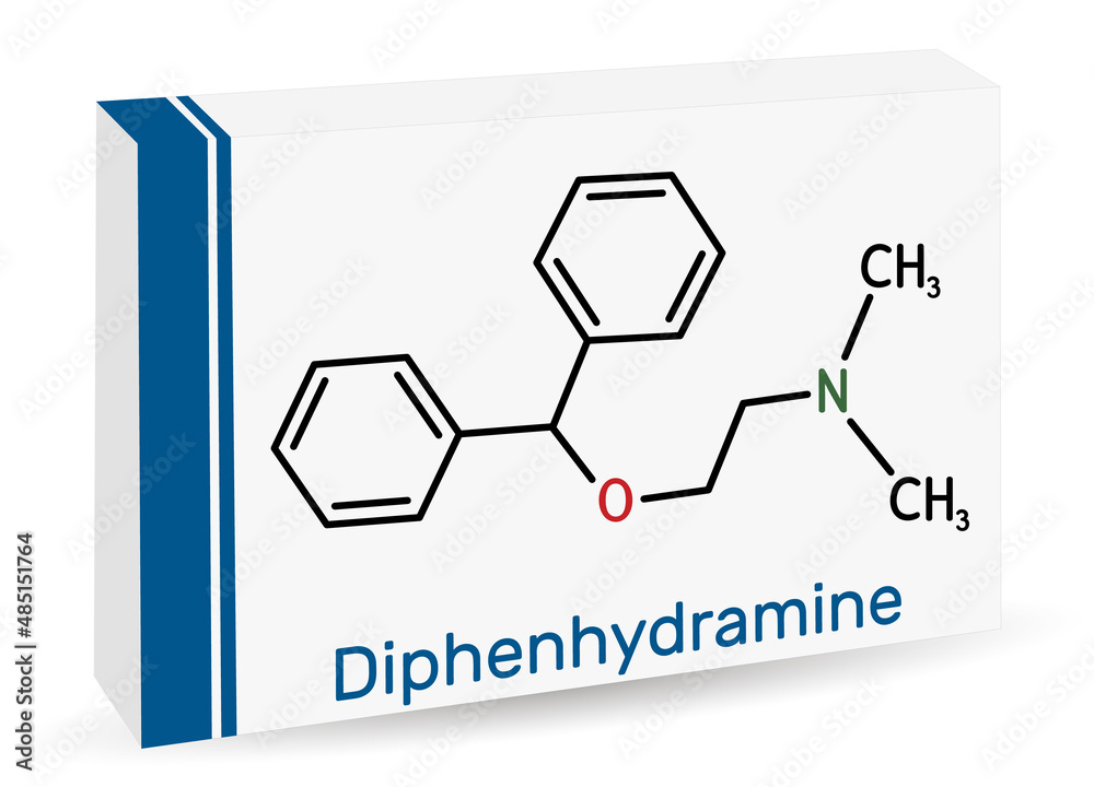 Diphenhydramine, molecule. It is H1 receptor antihistamine used in the treatment of seasonal allergies. Skeletal chemical formula. Paper packaging for drugs Diphenhydramine, molecule. It is H1 receptor antihistamine used in the treatment of seasonal allergies. Skeletal chemical formula. Paper packaging for drugs