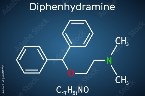 Diphenhydramine, molecule. It is H1 receptor antihistamine used in the treatment of seasonal allergies. Structural chemical formula on the dark blue background