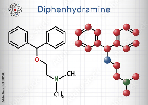 Diphenhydramine, molecule. It is H1 receptor antihistamine used in the treatment of seasonal allergies. Structural chemical formula and molecule model. Sheet of paper in a cage