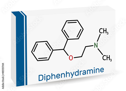 Diphenhydramine, molecule. It is H1 receptor antihistamine used in the treatment of seasonal allergies. Skeletal chemical formula. Paper packaging for drugs