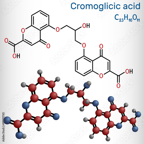 Cromoglicic acid, cromolyn, cromoglycate, cromoglicate molecule. It is antihistamine medication used to treat asthma, allergic reactions of the eyes, nose. Structural chemical formula, molecule model