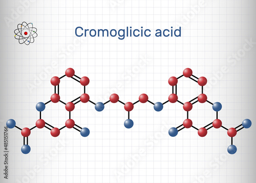 Cromoglicic acid, cromolyn, cromoglycate, cromoglicate molecule. It is antihistamine medication used to treat asthma, allergic reactions of the eyes and nose. Sheet of paper in a cage