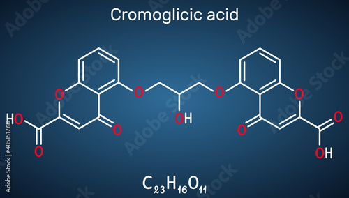 Cromoglicic acid, cromolyn, cromoglycate, cromoglicate molecule. It is antihistamine medication used to treat asthma, allergic reactions of the eyes and nose. Structural chemical formula, dark blue ba
