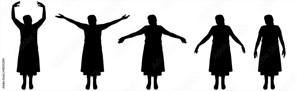 Dance lesson, ballet. Hands in motion, legs without movement, standing still. Smooth, elegant, graceful hand movements. A group of women stands straight and moves their arms. The head looks sideways. 