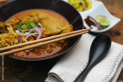 Northern Thai Style Curried Noodle Soup with Chicken or what we call in thai "Khao Soi".