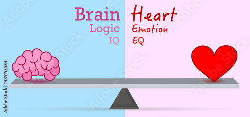 Heart brain on seesaw. Love versus logic or emotion. IQ vs EQ. Mind feeling intelligence leverage, lever. Head person. Mental romance thought balance. Blue red, pink background. Illustration vector