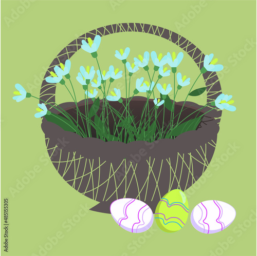 easter card with easter eggs spring flowers snowdrop green