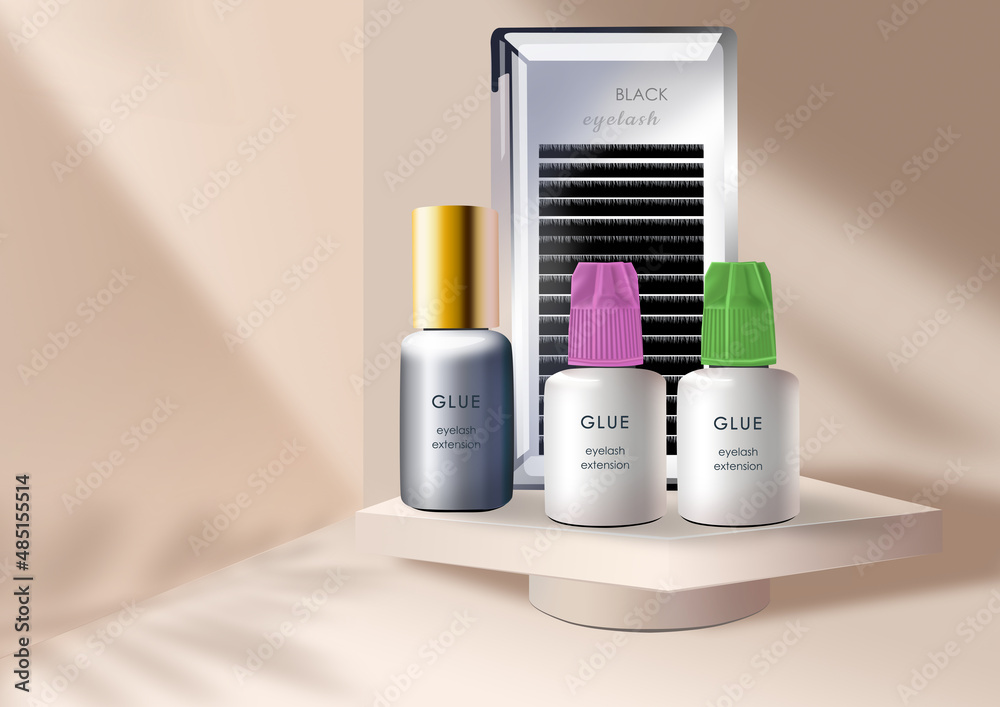 Beauty mockup. False eyelashes and set a bottle of glue. Exhibition podium. Leaf shadow. 3D illustration. Beige background