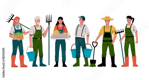 Cartoon farmers. People characters standing together in garden. Men with shovels or rakes and buckets. Gardeners in uniform. Vegetable crop. Vector background with agricultural workers