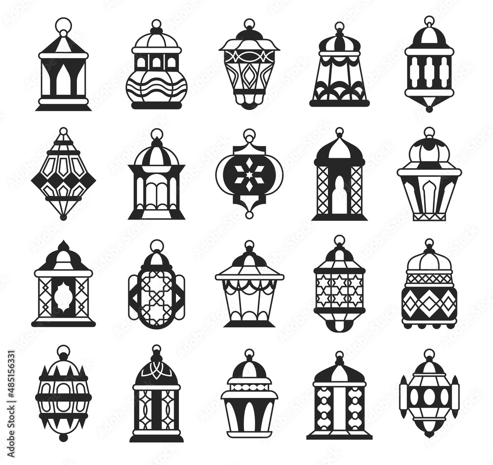 Black Arabic lantern. Oriental Muslim fanous silhouette. Vintage Arabian Ramadan holiday moon symbol. Traditional religious lamps. Antique hanging lights. Vector isolated icons set