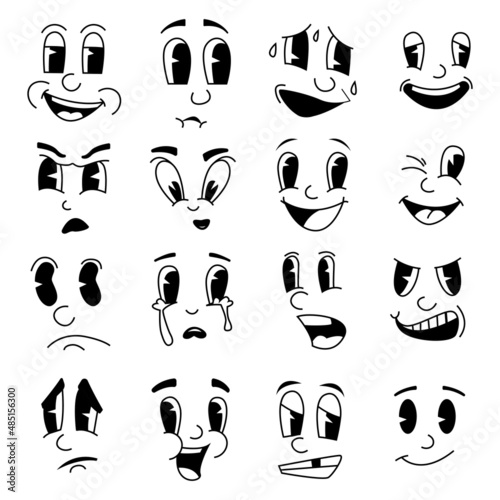 Funny cartoon emotions. Mascot faces from retro cartoons. 30s 40s 50s clipart characters. Angry or happy smiley. Caricatures with eyes mouths and eyebrows. Vector facial expressions set