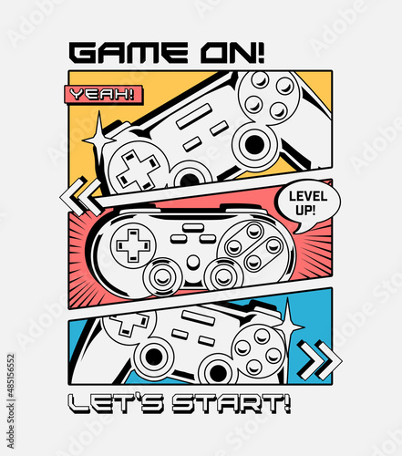 Vector joysticks gamepad illustration with slogan texts, for t-shirt prints and other uses.
