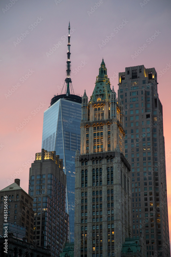 Details of buildings at sunset seen in New York city