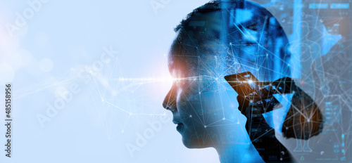 Obraz na płótnie Double explosure of Medical technology concept working for Remote medicine and Electronic medical record with female doctor. w salonie