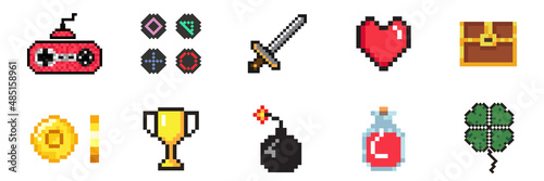 Pixel art game icon set and gold coin animation. Vector illustration