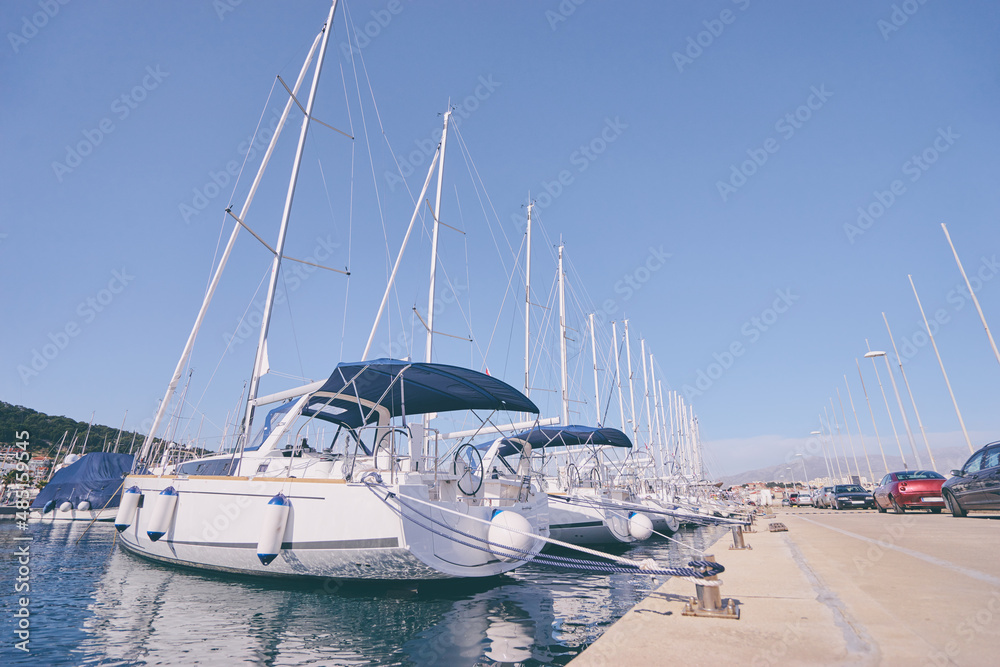 Fototapeta premium Marina harbour with beautiful white yachts in Split, Croatia.
