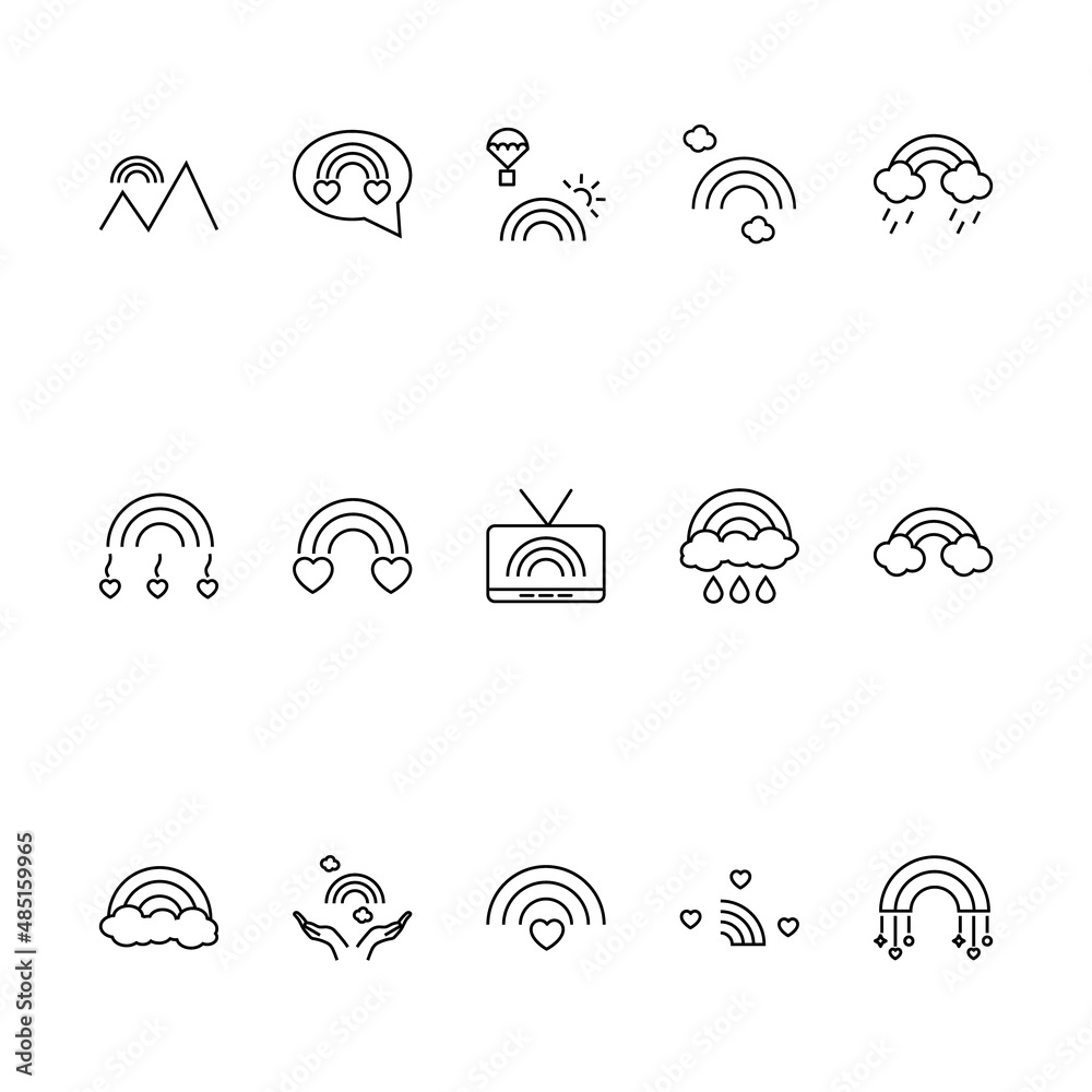 Vector sign in modern flat style. Suitable for web pages, internet shops, stores, advertisements, signboards. Line icon set with icons of mountains, balloon, rain, clouds etc next to rainbow Vector sign in modern flat style. Suitable for web pages, internet shops, stores, advertisements, signboards. Line icon set with icons of mountains, balloon, rain, clouds etc next to rainbow