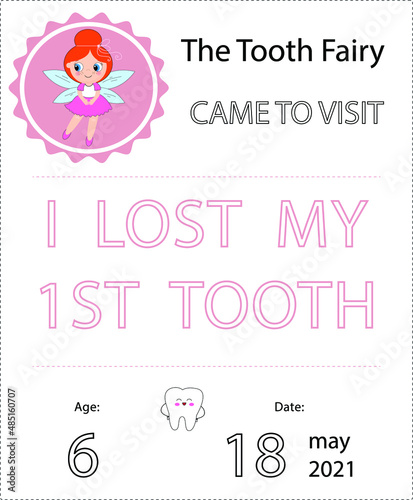 Cute tooth fairy receipt certificate fun document design to reward children who loose their baby teeth