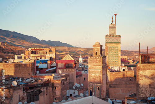 View of Fez City from the roof top terrace. Fes el Bali Medina, Morocco, Africa photo