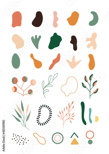 Modern set of hand-drawn abstract shapes and objects: spots, lines, and plants. Collection of contemporary elements. Vector.