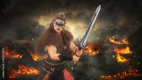 Fierce Viking barbarian woman fighting with a sword on a burning battleground. 3D illustration.