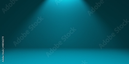 Turquoise empty background with studio spotlight on top in the form of a cone with darkened edges. 3d rendering