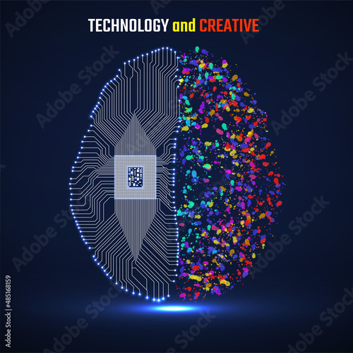 Left and right human brain cerebral hemispheres with cpu, circuit board and colorful ink splashes, grunge splatters. Vector illustration