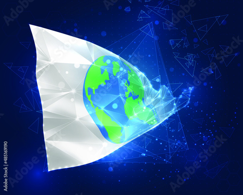 Earth protection vector flag, virtual abstract 3D object from triangular polygons on a blue background
